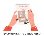 female hands holding postcard... | Shutterstock .eps vector #1948077850