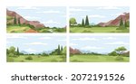 Summer landscapes set. Sceneries with grass, trees, mountains and sky horizons. Panoramic nature backgrounds with clouds, plants, and rocks. Scenes of valleys and grasslands. Flat vector illustrations