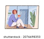 woman looking at rain outside... | Shutterstock .eps vector #2076698353