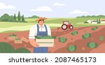 Farm landscape with agriculture field and farmer with crate of vegetables. Worker collecting harvest on plantation. Man in farmland with box of cabbages. Flat vector illustration of agronomist