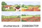 Farmland landscapes set. Farms backgrounds with cows in pastures, grasslands, agriculture fields, vegetable gardens in countryside. Colored flat vector illustrations of village panoramic scenes