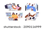 Software testing concept. Apps and programs testers set searching, finding and reporting bugs and errors. Analysis and debugging process. Flat graphic vector illustrations isolated on white background