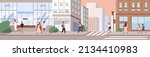 City street panorama. Cityscape with people, buildings, cross road. Modern urban lifestyle scene with pedestrians going at sidewalks in metropolis. Downtown on summer day. Flat vector illustration