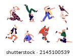 Happy young active people in funny energetic poses, fun and joy. Excited men and women rejoicing. Inspired characters, youth  with energy set. Flat vector illustrations isolated on white background.