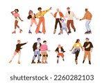 People roller skating set. Happy men, women, child skaters on rollerblades. Family, old couple, young friends, teen during fun sport activity. Flat vector illustrations isolated on white background