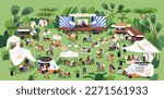 Music festival, open-air concert with outdoor stage, live performance, dancing people in nature, food trucks and tents. Summer public entertainment party, picnic in park. Flat vector illustration