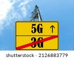Small photo of Illustration of the end of life for 3rd generation or 3G cell mobile networks and replacement with 5G. Road sign with 3G and 5G text against rural cellphone tower