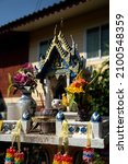 Small photo of shrine of the household god.Joss house.Phra phum shrine.Phra phum shrine at the home of thai people