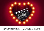 Small photo of Showtime.Handwriting on film slate.storytelling inspiration Screenwriting and Filmmaking for Love story in valentine's day.Broadway theatre, show performance in the background.