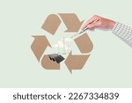 Small photo of Male hand drawing recycling symbol for net zero carbon dioxide emissions. by balancing emissions of carbon dioxide, renewable energy, wind energy by wind turbine and solar panel. Abstract art collage.