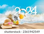 Happy New Year 2024. welcome to Happiness beach party and travel summer destination concept.Fun with outdoor activities, splashing wave water, and tropical fruit.