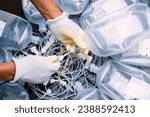 Small photo of Hands of male officers sorting toxic waste, IV tubes, extension tubes, Intravenous therapy acetate ringer's injections, saline bottles, and Syringes, from clinics or hospitals for recycling