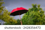 Small photo of woman holding a big red umbrella On a day when the sky was overcast, and windy it seemed like a storm was about to happen.