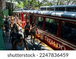 Small photo of RIO DE JANEIRO - BRAZIL - DEC 16, 2018: Passengers leaving the old SLM Bhe 2-4 Corcovado Rack Railway train at the Cristo Redentor station on the Corcovado summit under summer afternoon sunny day.