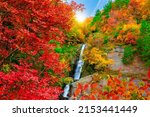 Small photo of Waterfall in autumn colors. Nature landscape in mountain. colorful forest landscape. Autumn landscape in the waterfall flowing from the mountain. Colorful autumn scenery. colorful leaves in forest.