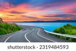 Small photo of highway landscape at colorful sunset. Road view on the sea. colorful seascape with beautiful road. Way view on ocean beach. coastal road in europe. Beautiful nature scenery in the Mediterranean.