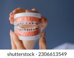 Small photo of mock-up of a dental jaw with braces on a gray background, space for text