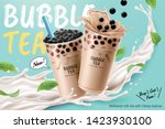 Bubble milk tea ads with delicious tapioca and splashing milk in 3d illustration