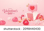 Cute love message popping out of an open present box with confetti and heart shape balloons around. 3d scene design. Suitable for Valentine