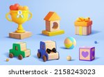 Set of 3d wooden toys isolated on blue background, including trophy, house blocks, gift box, toy cars, cube block and balls.