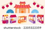 Illustration of Chinese paifang, hanging lanterns, and food stand isolated on yellow background. Elements for new year market fair