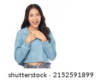 Small photo of Surprised happy beauty asian woman looking camera in excitement with happy and smile face Expressive facial expressions Beautiful girl act like a satisfied product Isolated on white background