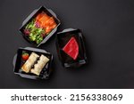 Healthy food and diet concept, restaurant dish delivery. Take away of fitness meal. Weight loss nutrition in boxes. 