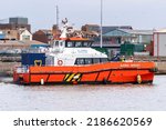 Small photo of LOWESTOFT, SUFFOLK, UK - JULY 30, 2022: Njord Avocet, a 21m catamaran crew transfer vessel and part of the Njord Offshore group, departs Lowestoft during the International Smack Race Festival.