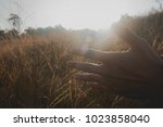 Small photo of Hand of traveler touch at Grass on the way in forest to top of mountain. It's feel relax from nature and meaning full about life style freedom or leave from hurly burly city.
