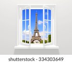 Opened window and view on Eiffel tower, Paris