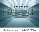 Small photo of Freezer warehouse. Racks stand along the warehouse wall. Room for freezing products. Storage of goods on warehouse shelves. Air conditioners weigh on the wall of the freezer.