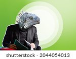 Small photo of Lizard in business suit. Businessman with lizard face. Reptile head on human torso. A cunning and resourceful man. The lizard as a symbol of guile. Collage in magazine style with place for text.
