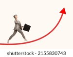 Small photo of A business woman walking along the arrow. A joyful woman walks and brandishes a leather briefcase. Up arrow as a symbol of business development. Business, profit, positive, ease.