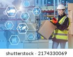 Small photo of Woman customs officer. Girl with boxes in bonded warehouse. Customs check of goods at International border. Global symbols in logistics in front of customs officer. Lady storekeeper. Art Blurred.