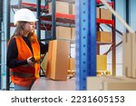 Small photo of Woman employee of customs warehouse. Girl with box in warehouse. Customs storekeeper use laser scanner and tablet. Woman in orange vest and safety helmet. Career in bonded warehouse.