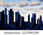 Landscape of metropolis. City with skyscrapers. Evening downtown. Dawn in metropolis. Concept of business real estate in downtown. Skyline from skyscrapers. Metropolis under sky. 3d image