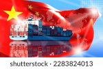 Small photo of Cargo ship with containers. Flag of China. Sea import from prc. Cargo ship with China flag. Transportation on chinese sea vessel. Container ship for importing goods. Logistics, delivery