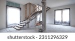 Small photo of Cottage under construction. Interior unfinished house. Room with stairs leading to second floor. House under construction inside view. Renovation building. Room under construction with large windows