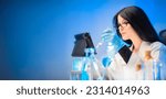 Small photo of Woman biologist. Girl with laboratory test tubes. Scientist in white coat. Woman biologist on blue. Microbiological laboratory. Research center employee. Flasks around female biologist