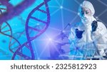 Small photo of Genetic scientist. Laboratory assistant studies DNA. Genetic woman in chemical protection suit. Dangerous experiments with genome. Geneticist doing DNA sequencing. Helix of genome. DNA modification