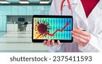 Small photo of Virus outbreak infographic. Doctor shows tablet with morbidity graph. Cropped virologist reports on pandemic. Viral epidemic outbreak. Virus molecule on screen of electronic tablet. Virus pandemic