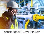 Small photo of Man gas factory technologist. Industrialist guy makes phone call. Technologist near gas compressor. Employee manufacturing enterprise. Gas manufactory technologist. Man engineer in service uniform