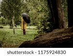 soft focus girl in yellow raincoat under black umbrella walk in outdoor park country side scenery place in autumn weather season time with shot between trees