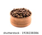 Small photo of Pile of allspice isolated on white background. Jamaica pepper, allspice peppercorns or myrtle pepper