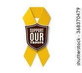 Support our troops. Yellow ribbon with shield isolated on white background. Vector illustration.