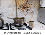 Oil stains on the walls, dirty stains on kitchen wall, Dirty Cooking. forgot to turn off the gas stove, condensed milk explosion
