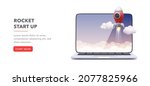 start up banner with laptop ... | Shutterstock .eps vector #2077825966
