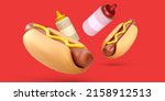 Fast food banner with 3d realistic flying hotdogs with ketchup and mustard isolated on red background. Vector illustration