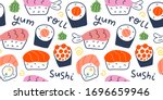 sushi rolls pattern  seafood... | Shutterstock .eps vector #1696659946