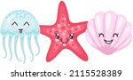 Jellyfish, starfish, shell toy icon set. Big eyes smiling face. Pink star, lilac conch, medusa. Cute cartoon kawaii funny baby character. Sea ocean animal collection. Kids print on white background